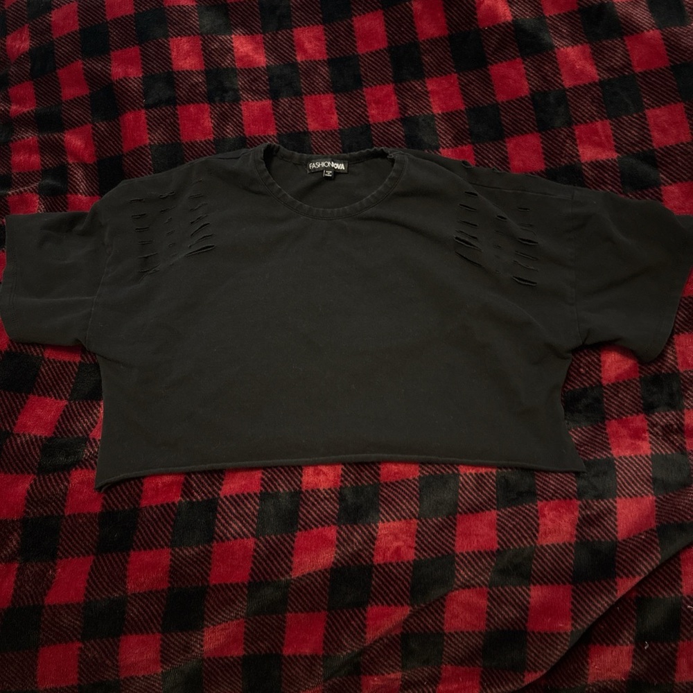 Black Cropped Top with Distressed Sleeves